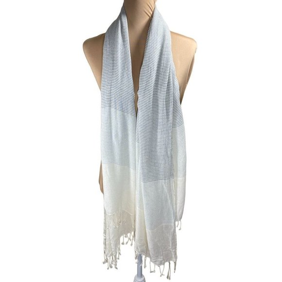 Gray Cream Striped Women's Neck Scarf Tassels 30" X 72" - Picture 2 of 5